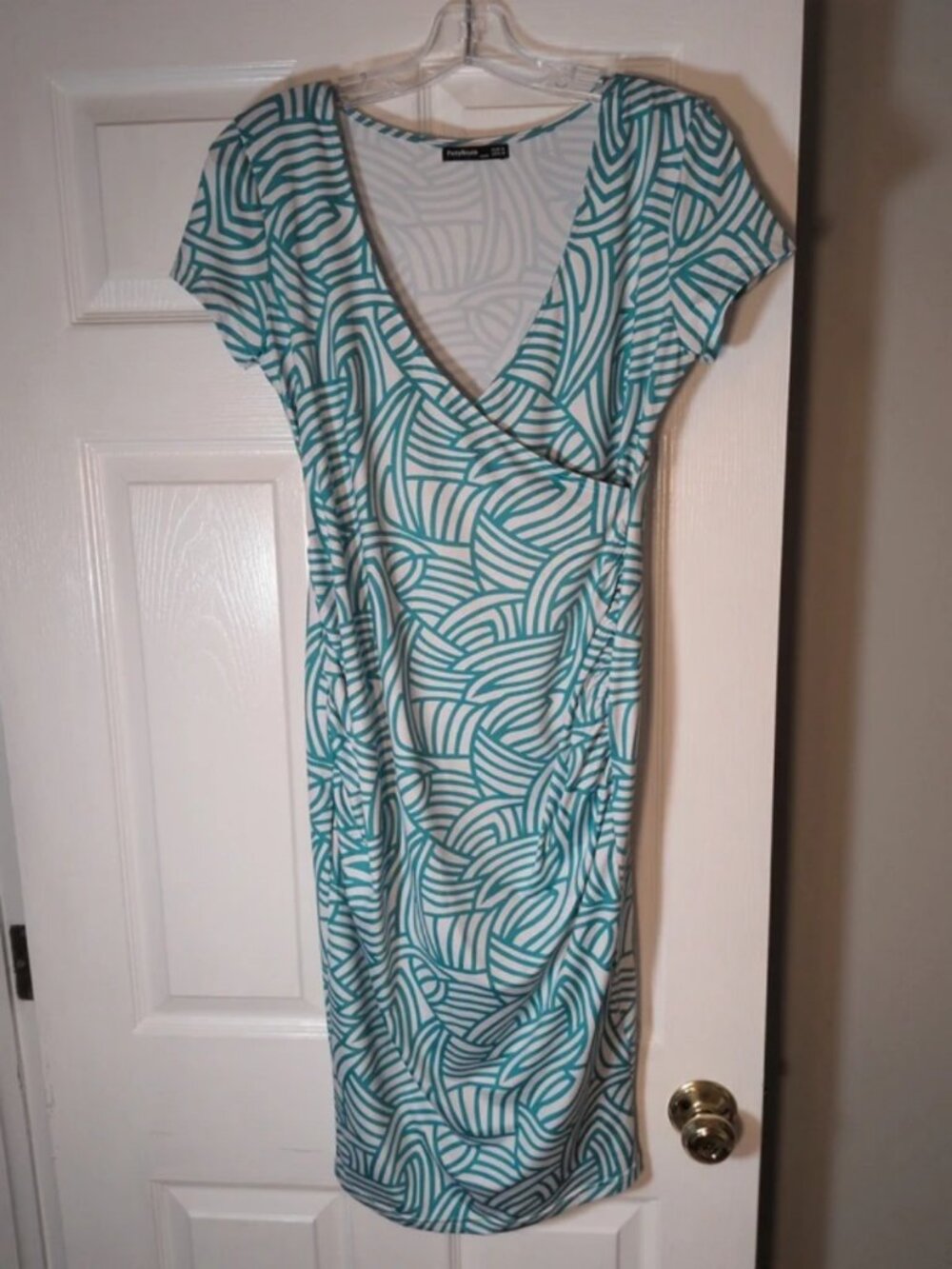 Teal & White Cross Wrap Short Sleeve Midi Dress Medium Stretch D10